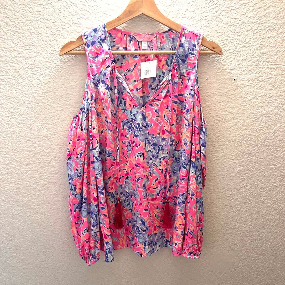 Lilly Pulitzer Finch Cold Shoulder Silk Top Blouse Coco Coral Crab Floral XS - Picture 3 of 9